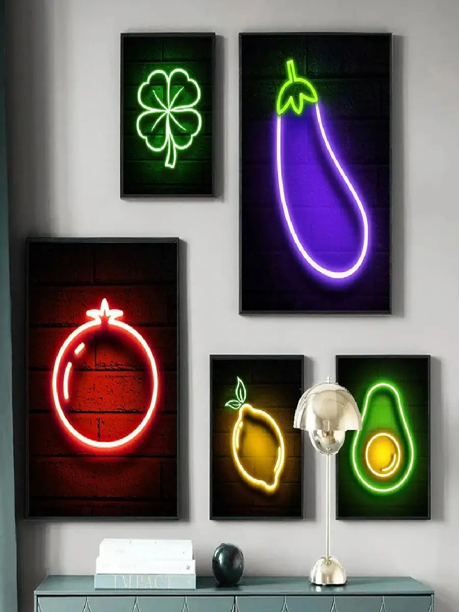 Frameless Cool Neon Signs Money Symbol Fruits Flamingo Canvas Posters Prints Wall Art for Home Decor Shop Decoration  Vibrant an