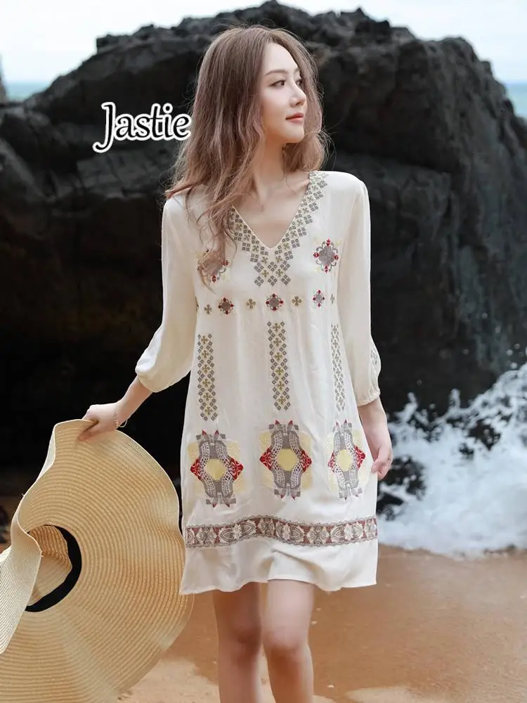 

Jastie 2024 Spring And Summer 3/4 Sleeve V-neck Embroidered Dresses For Women Bohemian Ethnic Casual Beach Style Short Dress