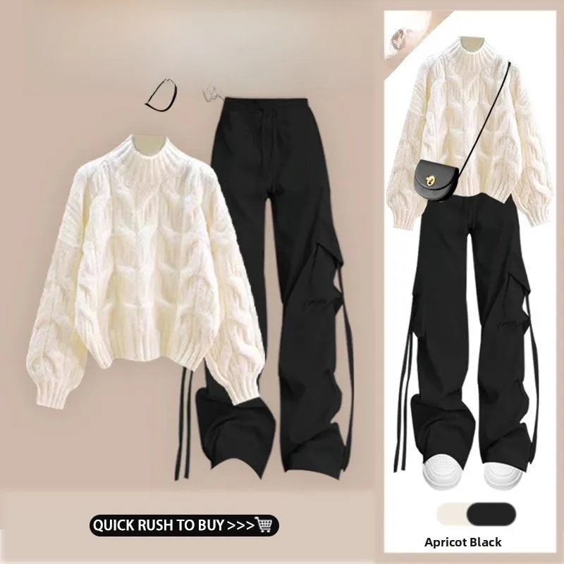

Korean Style Women's Loose Sweater High Waist Wide Leg Workwear Pants Set Autumn Winter New Arrival Half High Collar Short Top