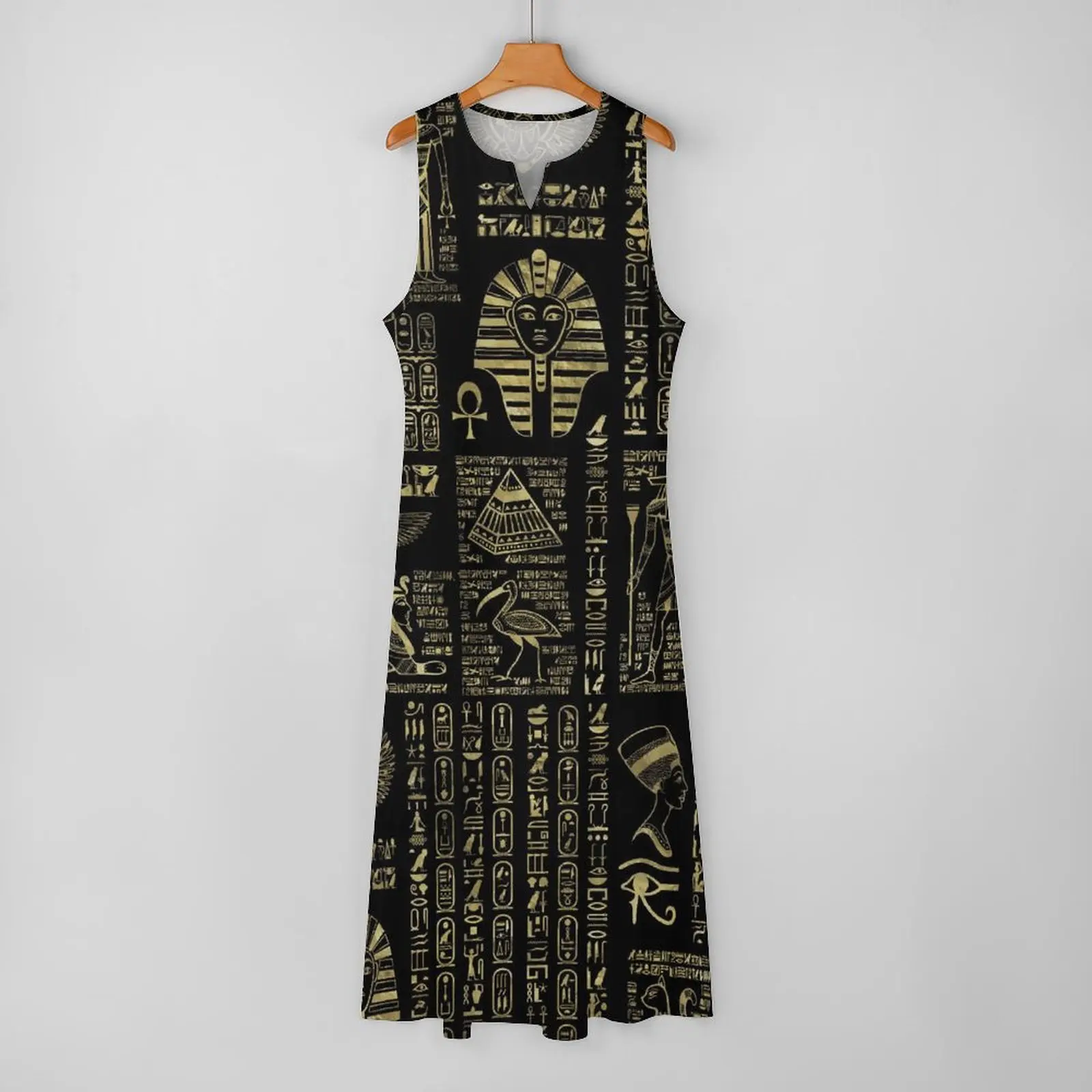 Retro Letter Print Dress Egyptian Hieroglyphs Vintage Maxi Dress Aesthetic Bohemia Long Dresses Summer V Neck Pattern Big Size