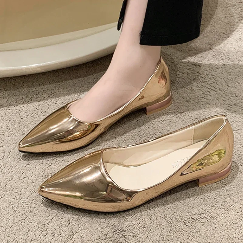 Women\'s Heeled Shoes 2024 Spring Autumn New Flat-bottomed Pointed Shoes Casual Slip-on Solid Color Elegant Low-heeled Shoes