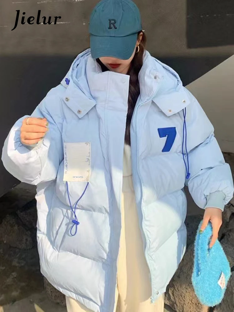 Jielur Light Blue Hooded Fashion Drawstring Loose Female Parkas Chic Letter Print Basic Pocket Zipper Simple Casual Women Parkas