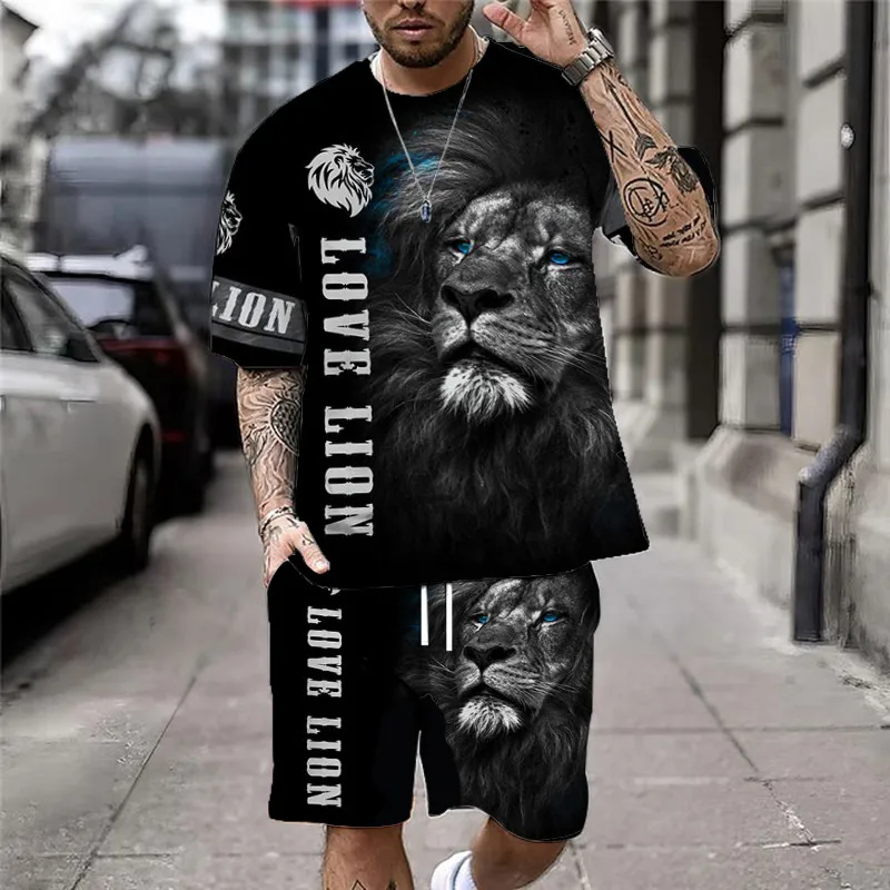 Summer Casual Men\'s Classic Lion Print T-Shirt Set Vintage Streetwear Loose Oversized Breathable Soft Short Sleeves And Shorts