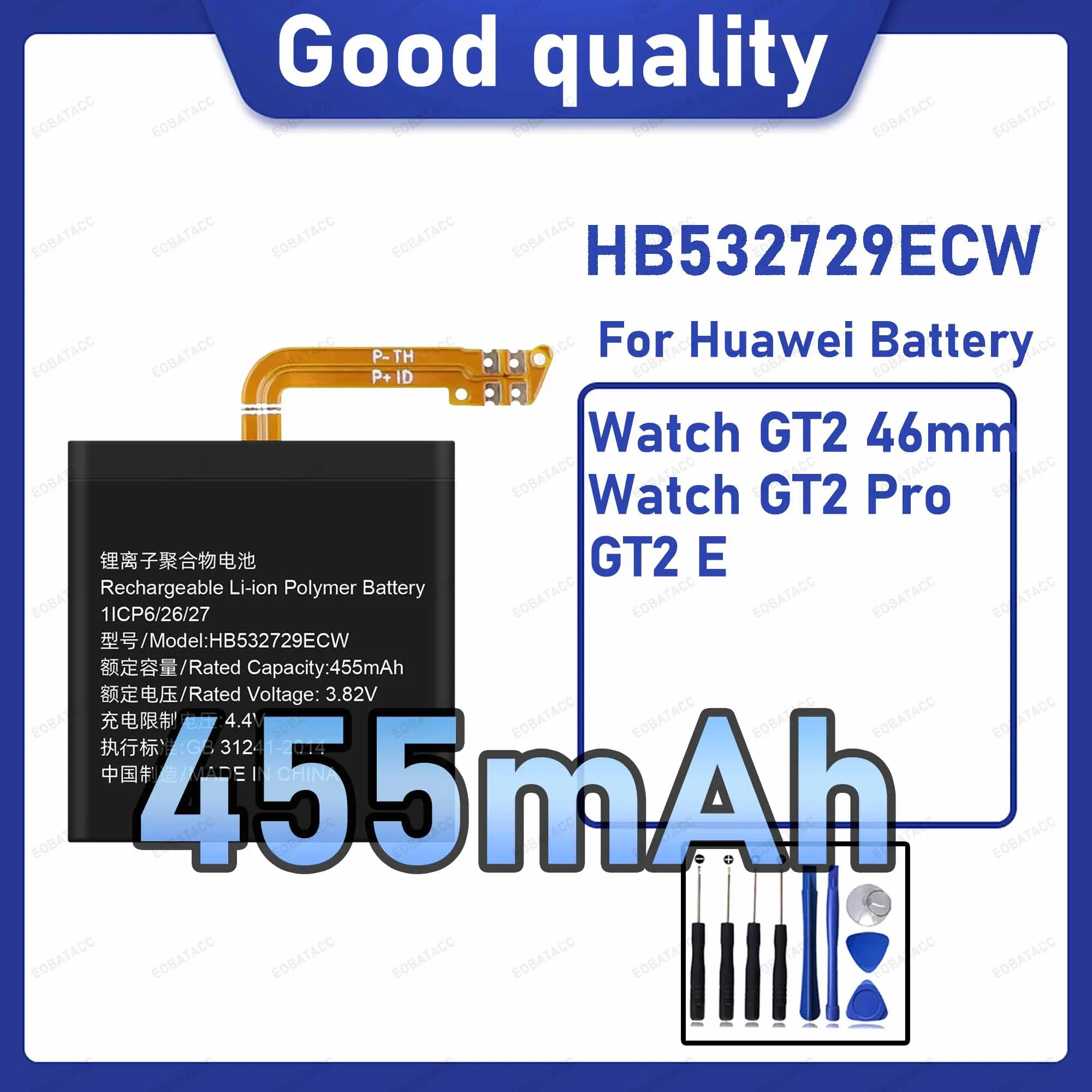 455mAh HB532729ECW Ersatzakku für Huawei Watch GT2 46mm mit Reparaturwerkzeug-Set