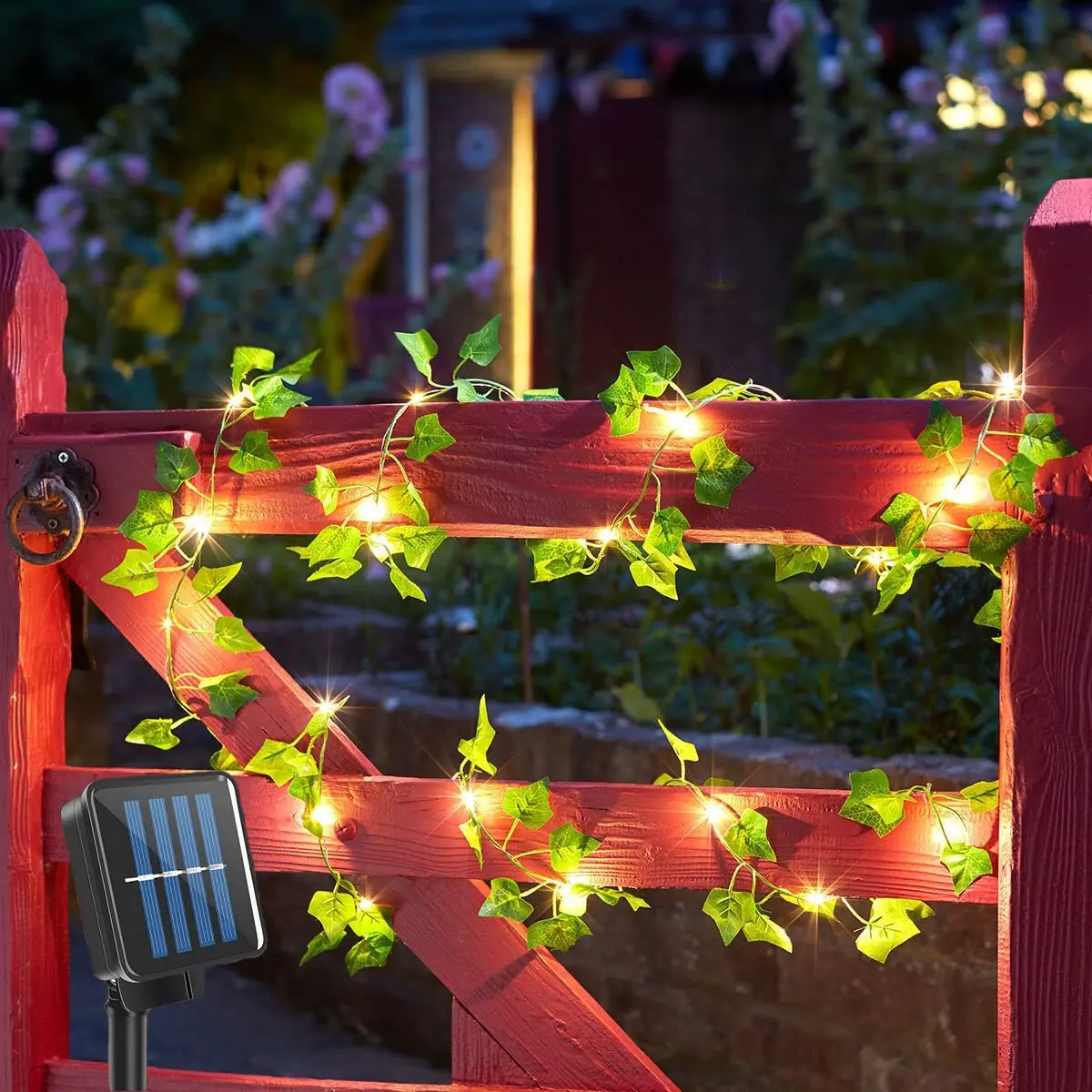 Guirnalda de luces solares para exteriores, luces LED de hiedra resistentes al agua, ratán Artificial, decoración de plantas verdes, lámpara de guirnalda de hoja de arce