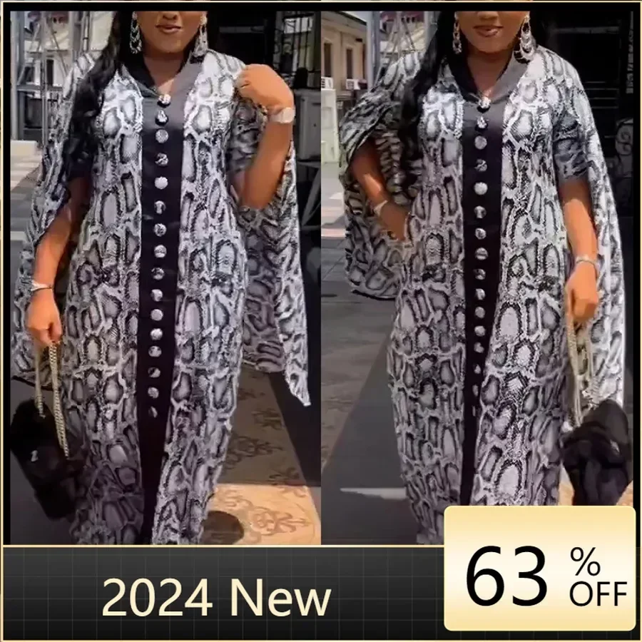 

Plus Size African Clothes for Women Summer Elegant African Long Sleeve V-neck Polyester Maxi Dress Gowns Dashiki Africa Clothing