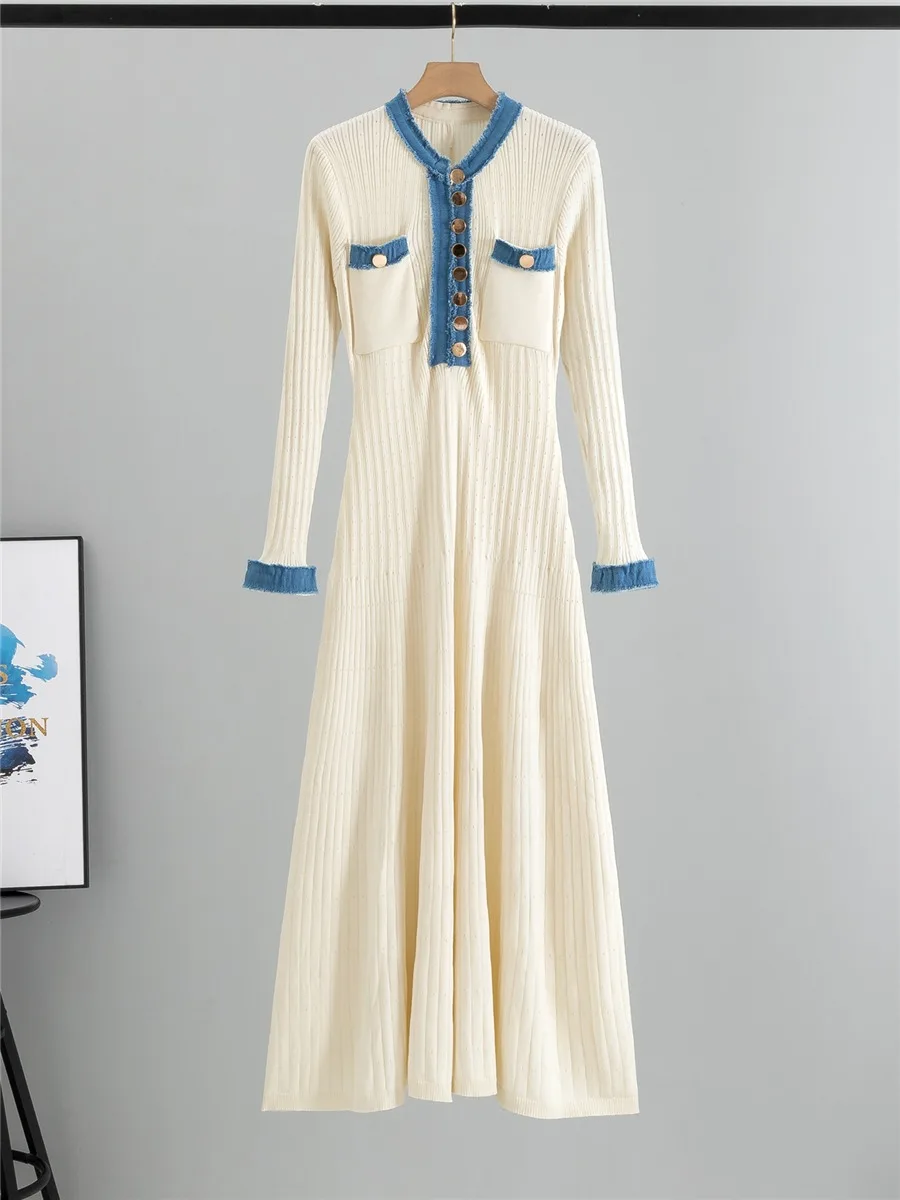 

Korean Design Knitted Slim Sweater Dress Elegant New O-neck Long Sleeve A-lined Vestidos Women Casual Chic Knitwears New