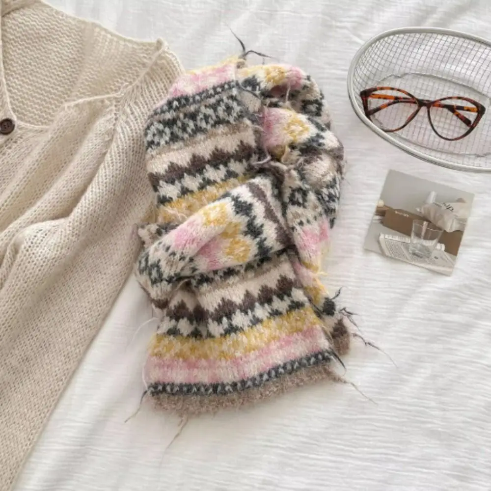 

Sweet Warm Jacquard Knitted Scarf Wool Printed Fair Isle Style Scarf Vintage Cold Protection Winter Wool Neckerchief Outdoor