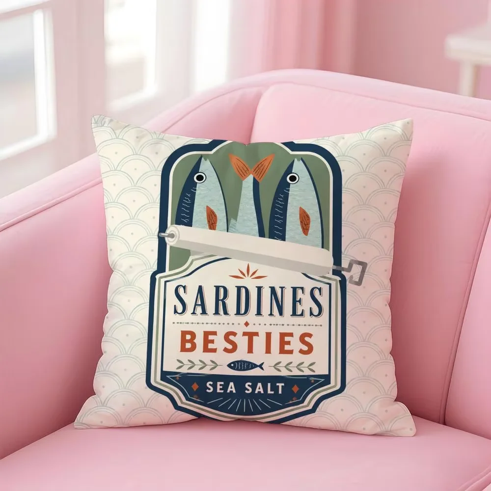 Cushion Cover Sardines in A Tin with Striped Short Plush Soft Double-Sided Printing Pillow Case Cozy Sofa Bedroom Home Decor
