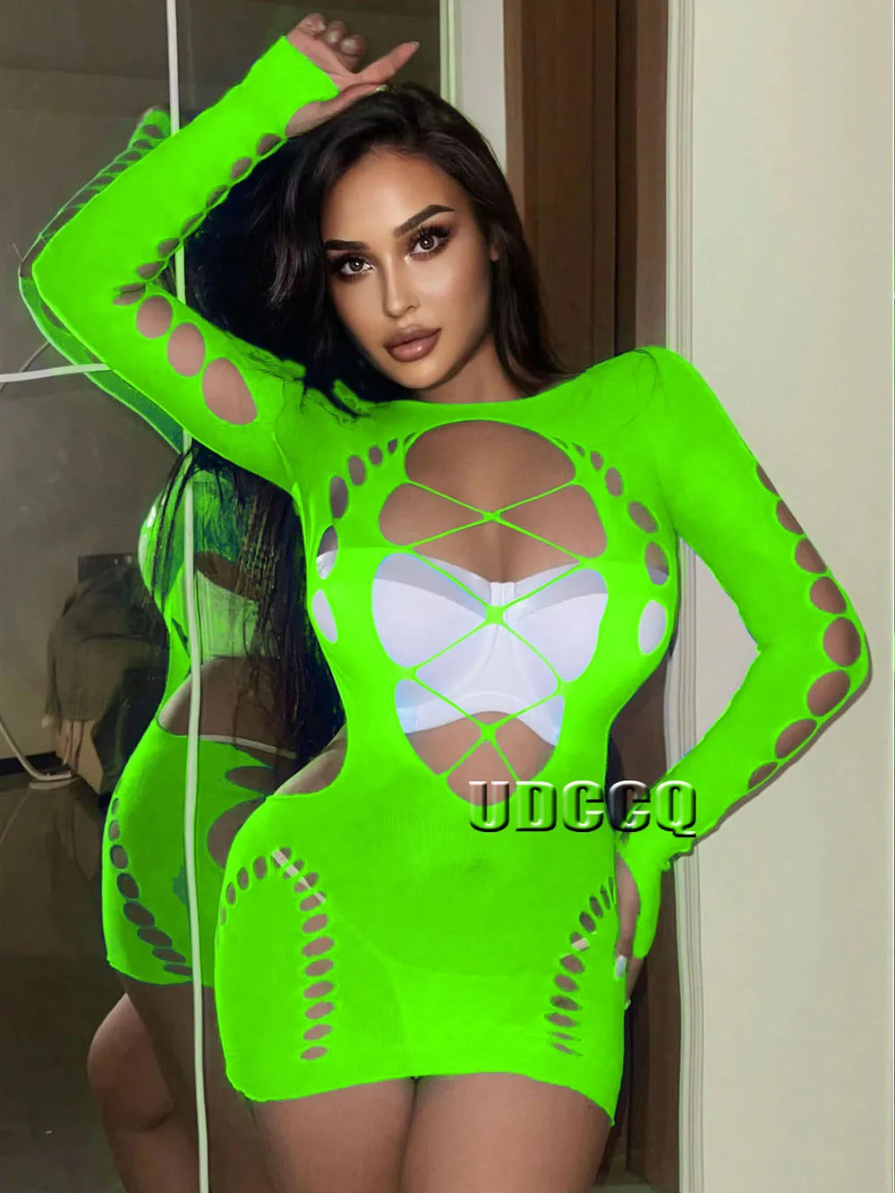 Sexy Fish Net Lingerie Babydoll perforate Underwear Translucent nightgown shoulder Teddies skirt Nightgown Costumes dress W146