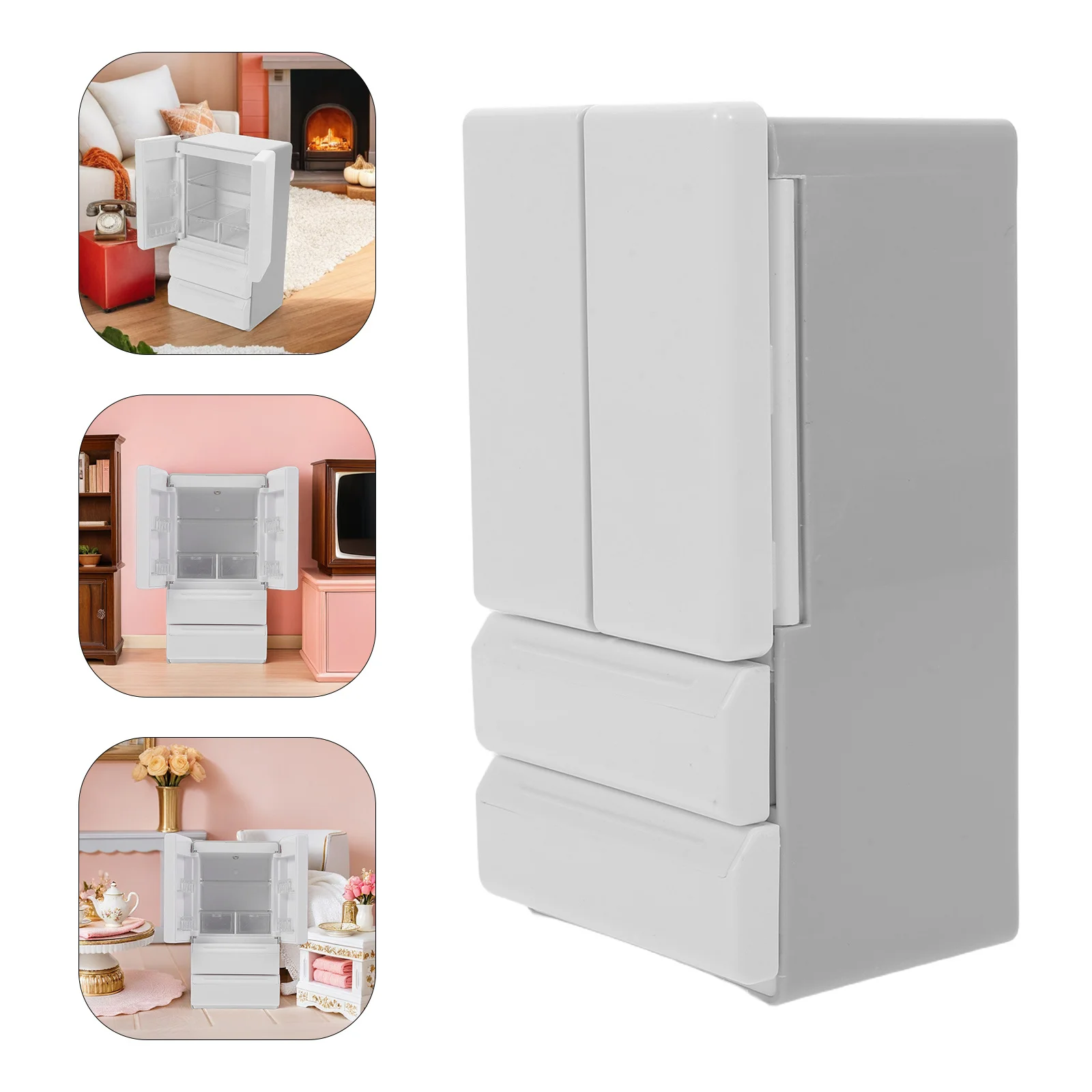 Geladeira em miniatura branca com design realista leve para decoração de casa de bonecas, acessórios de cozinha, cena de jogo essencial