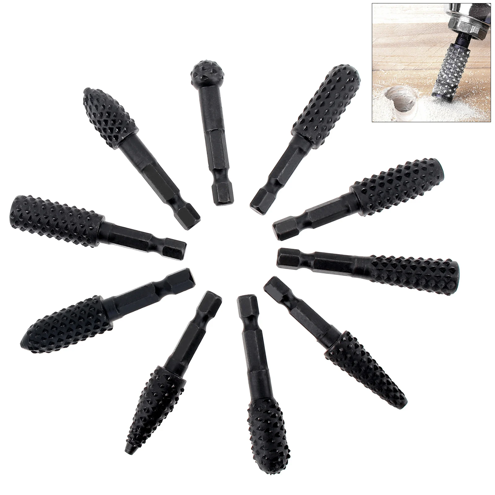 

10pcs/set Rotary Burr Wood Carving Rasp Files Set for Woodworking Deburring / Shaping / Grooving with 1/4-Inch Hex Shank