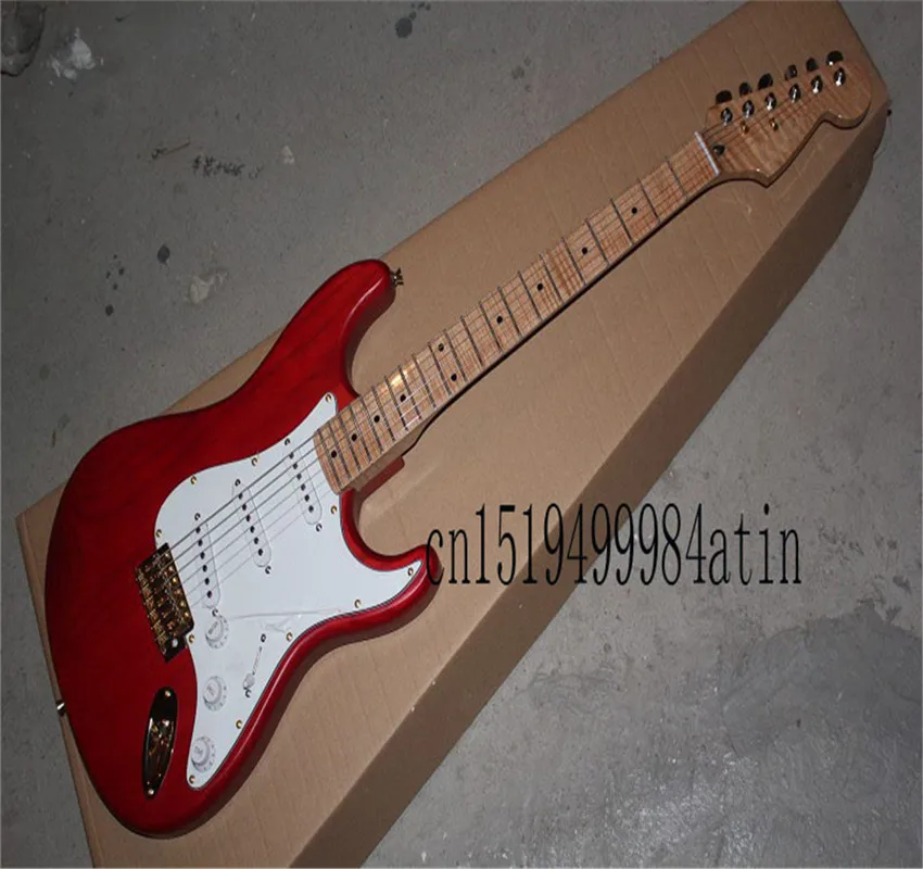 Guitarra de arce flameado rojo de alta calidad, Hardware dorado, cuerpo personalizado, guitarra eléctrica en stock