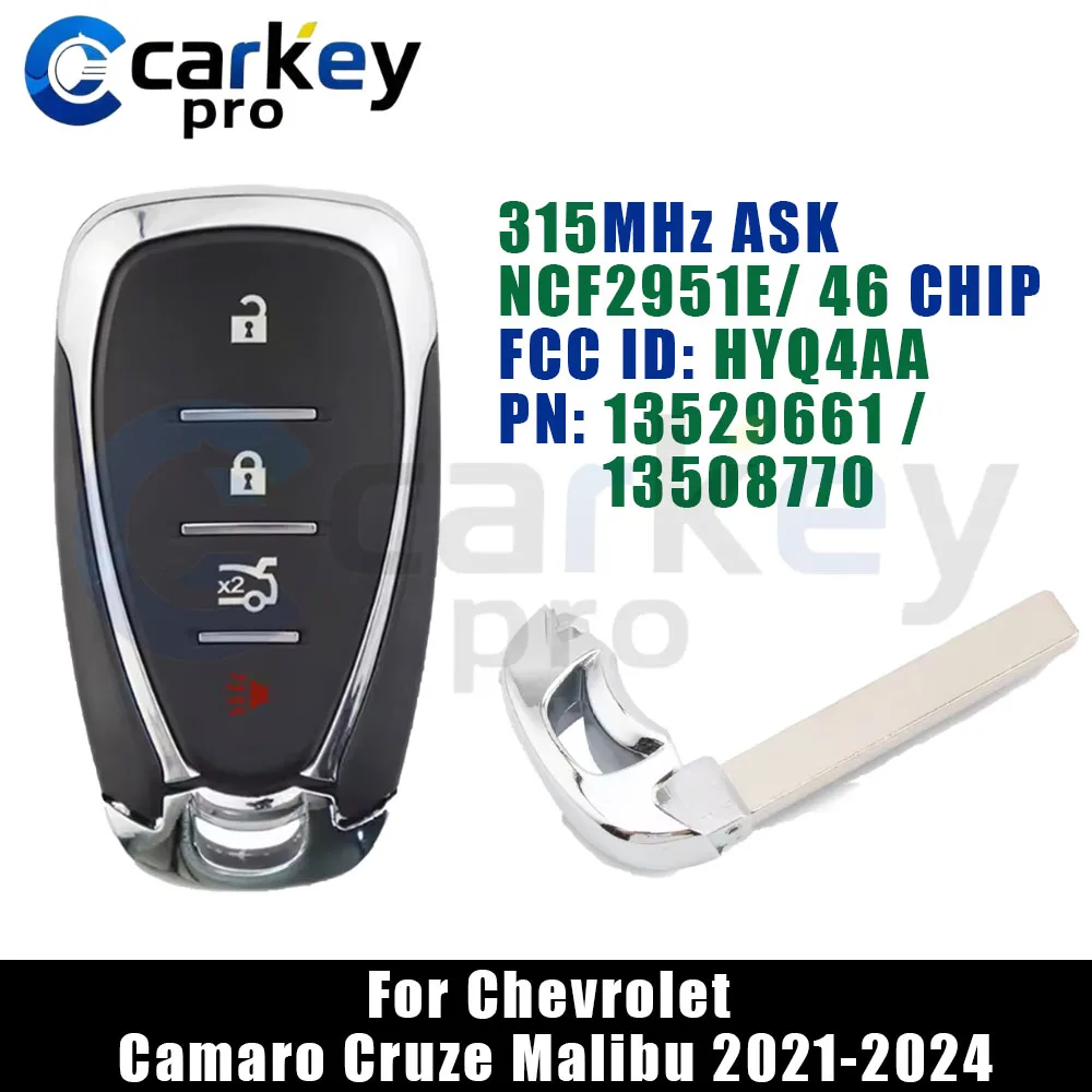 Carkeypro  For Chevrolet Cruze 2021-2024 3+1 Buttons Smart Car Key 315 MHz NCF2951E HITAG 2 46 Chip HYQ4AA 13529661 13508770