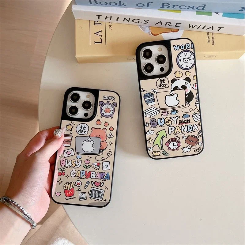 Funda de teléfono magnética con espejo de oso Panda de oficina para IPhone 11 12 13 14 15 16 Pro Max funda para IPhone 16 Pro Max