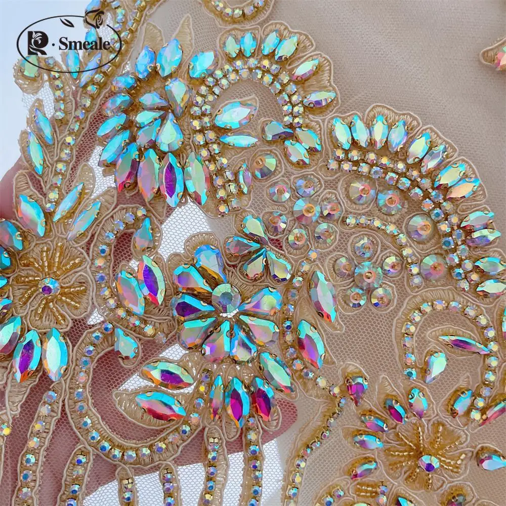 Hautfarbener, handgenähter AB-Glas-Strasskragen. Funkelnder Strasskragen, Blumen, Schal, Schultern, Hochzeitskleid, DIY-Applikation RS4852 – Detail 3