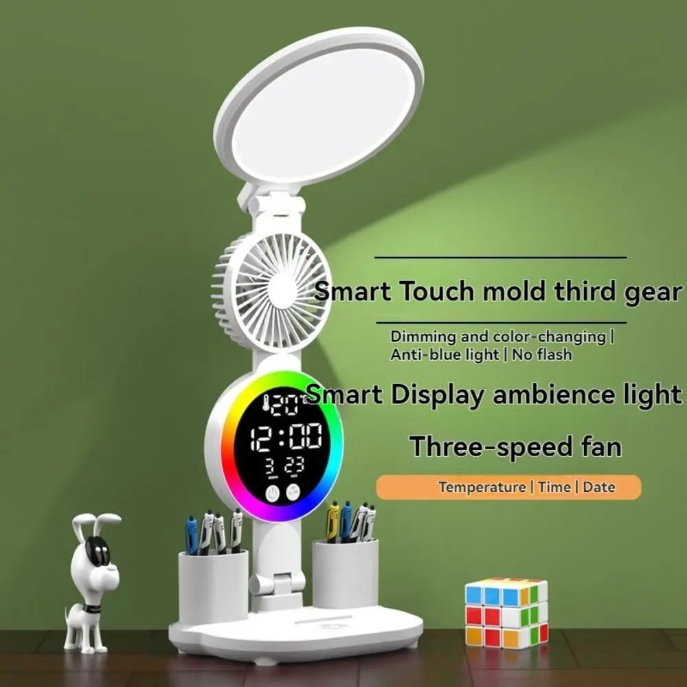 

3 Colors LED Table Lamp Touch Dimming Eye Protection Tabletop Reading Lamp Energy-Efficient with Fan&Time Date Night Light