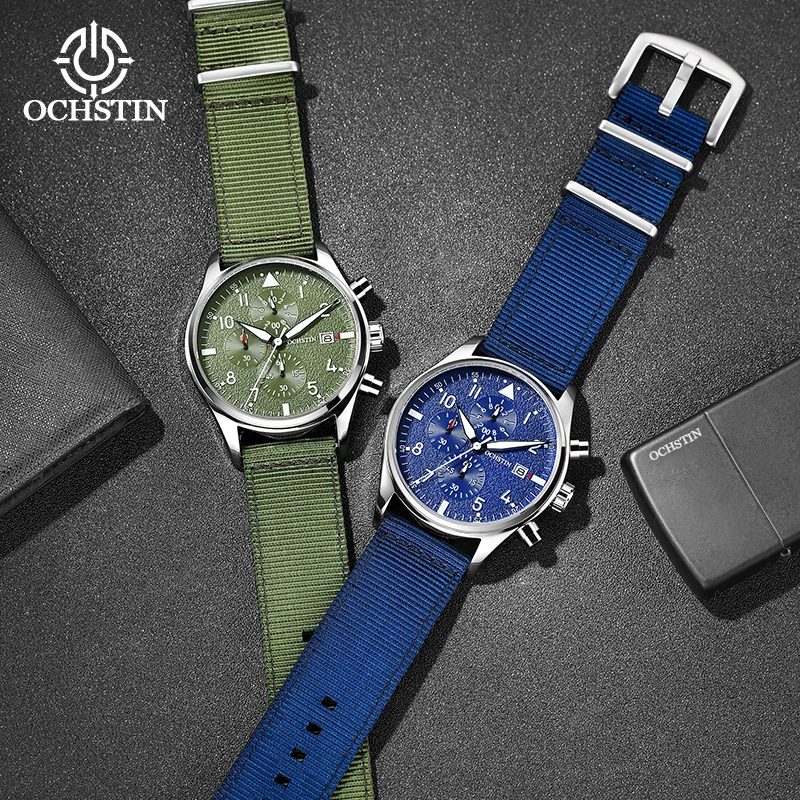 OCHSTIN Sports Men\'s Switzerland Top Brand Pilot Male Wristwatches Nylon Strap Waterproof Quartz Chronograph Army Military Clock