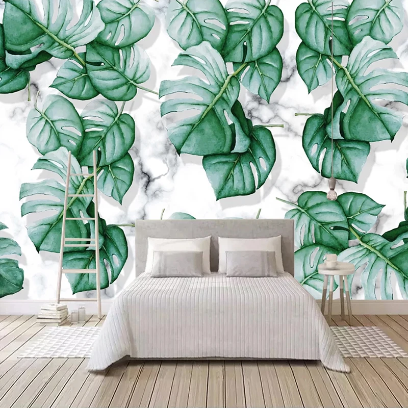 Customized products 3D Wall Mural Green Leaves Marble Pattern Wallpaper Living room TV feature wall Kitchen Bedroom restaurant