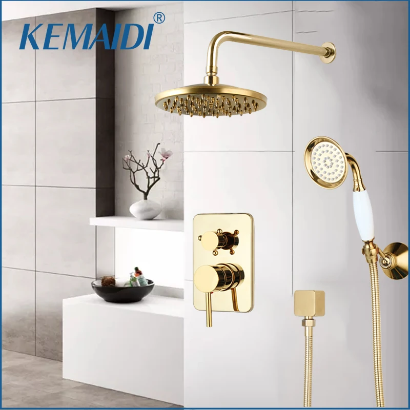 KEMAIDI Golden Plated Shower Faucet Set Solid Brass Wall Mounted Rainfall Shower Mixer Tap 8 Inch Round Style Shower Faucet Set