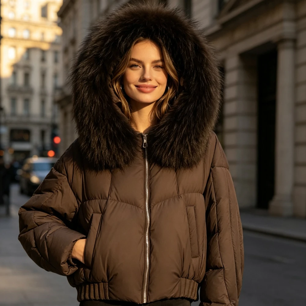 Women Short Winter Down Jacket with Hood Cropped Oversized Puffer Coat Full Zip Warm Thermal Hooded Outerwear for Cold Weather