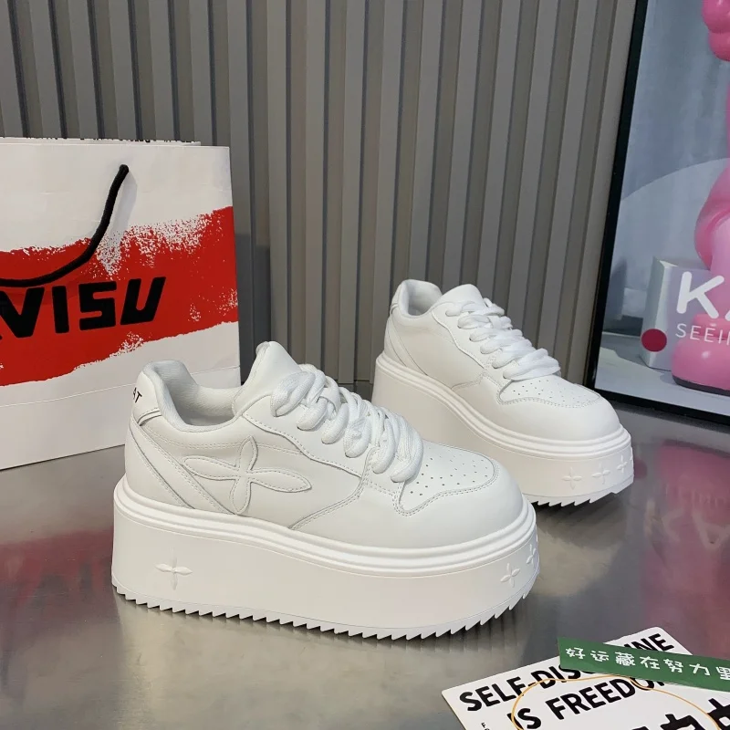 SyfIyno Thick Bottom White Leather Shoes Women Sneakers Leather Casual Shoes Skateboard Round Toe Heels Comfortable Zapatillas