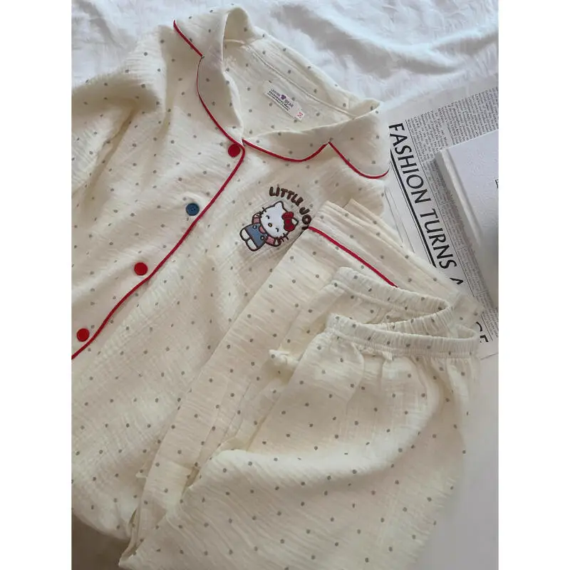 Sanrio Pyjamas, 2-teilig, Hello Kitty, modisch, langärmelig, süßer Stil, Hose, Cartoon-Outdoor-Hauskleidung, Frühlings- und Herbststil