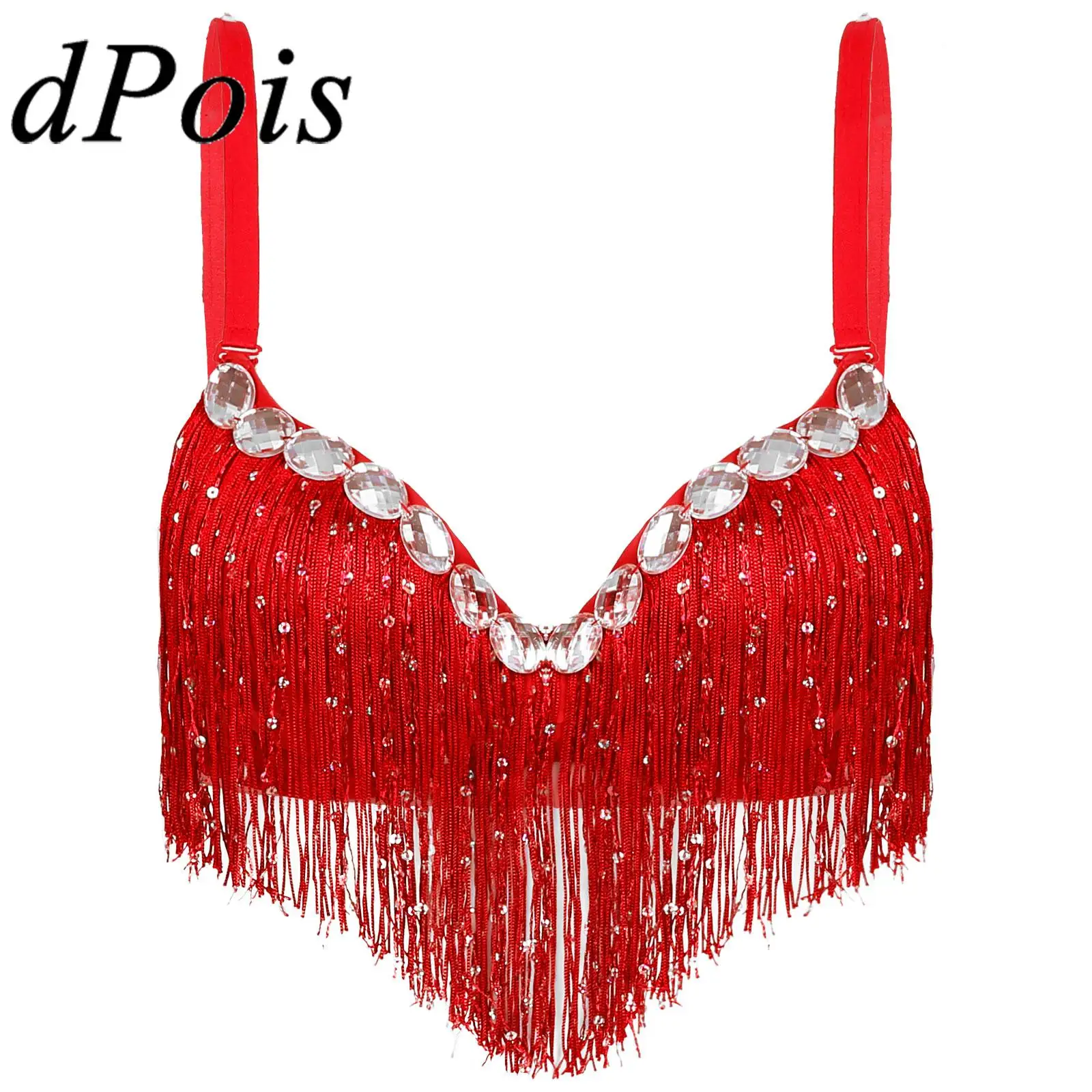 Womens Belly Latin Dance Bra Tops Push-Up Bras Sequins Tassel Rhinestone Brassiere Dancewear Performance Costume Party Clubwear