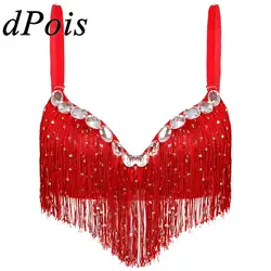 Womens Belly Latin Dance Bra Tops Push-Up Bras Sequins Tassel Rhinestone Brassiere Dancewear Performance Costume Party Clubwear