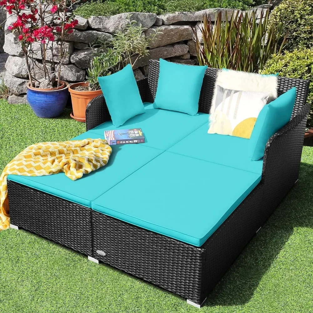 Outdoor Rattan Daybed Patio Loveseat Sofa Set with Padded Cushion Pillows and Sturdy Aluminum Foot, Wicker Patio Furniture