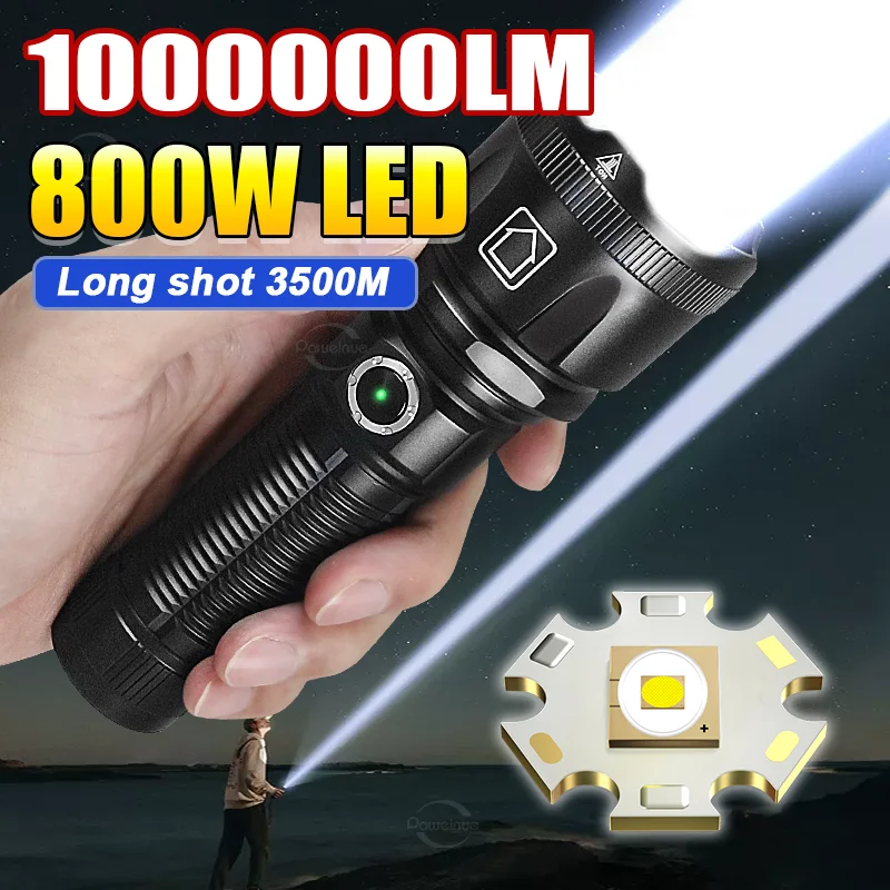 

800W Super Bright Powerful LED Flashlight Zoom Rechargeable Torch Waterproof 26650 Outdoor Work Light Camping Fishing Lantern