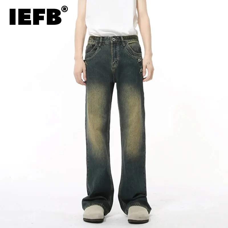 IEFB Korean Style Men Denim Pants Casual Washed Worn-out Button Design Boot Cut Trousers Straight Leg Male Jeans Stylish 9C8507