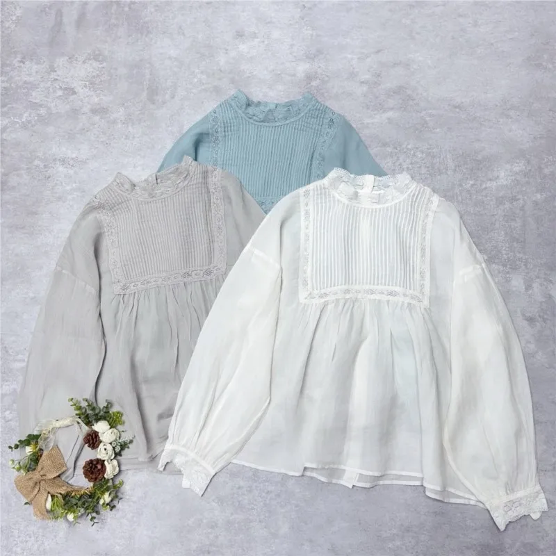 

Johnature Japanese Ramie Lace Pressed Back Button-down Shirt Lace Collar Loose Thin Breathable Casual Women Tops