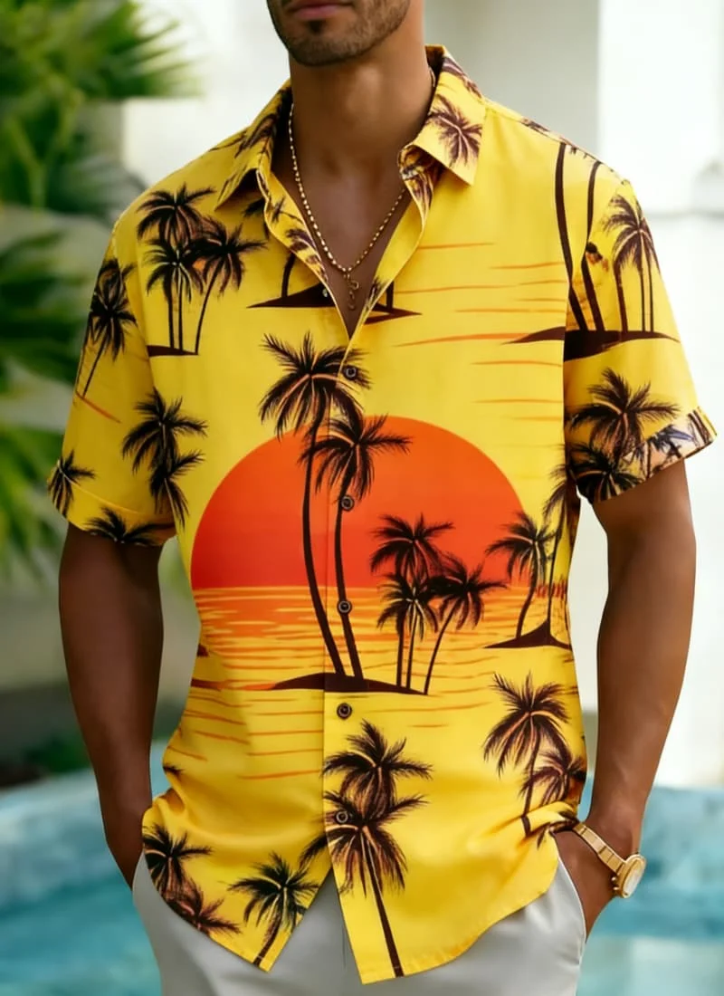 

Men's Palm Tree Island Sunset Print Shirt, Exotic Hawaiian Casual Design for Summer Vacation, Daily Wear & Street Style
