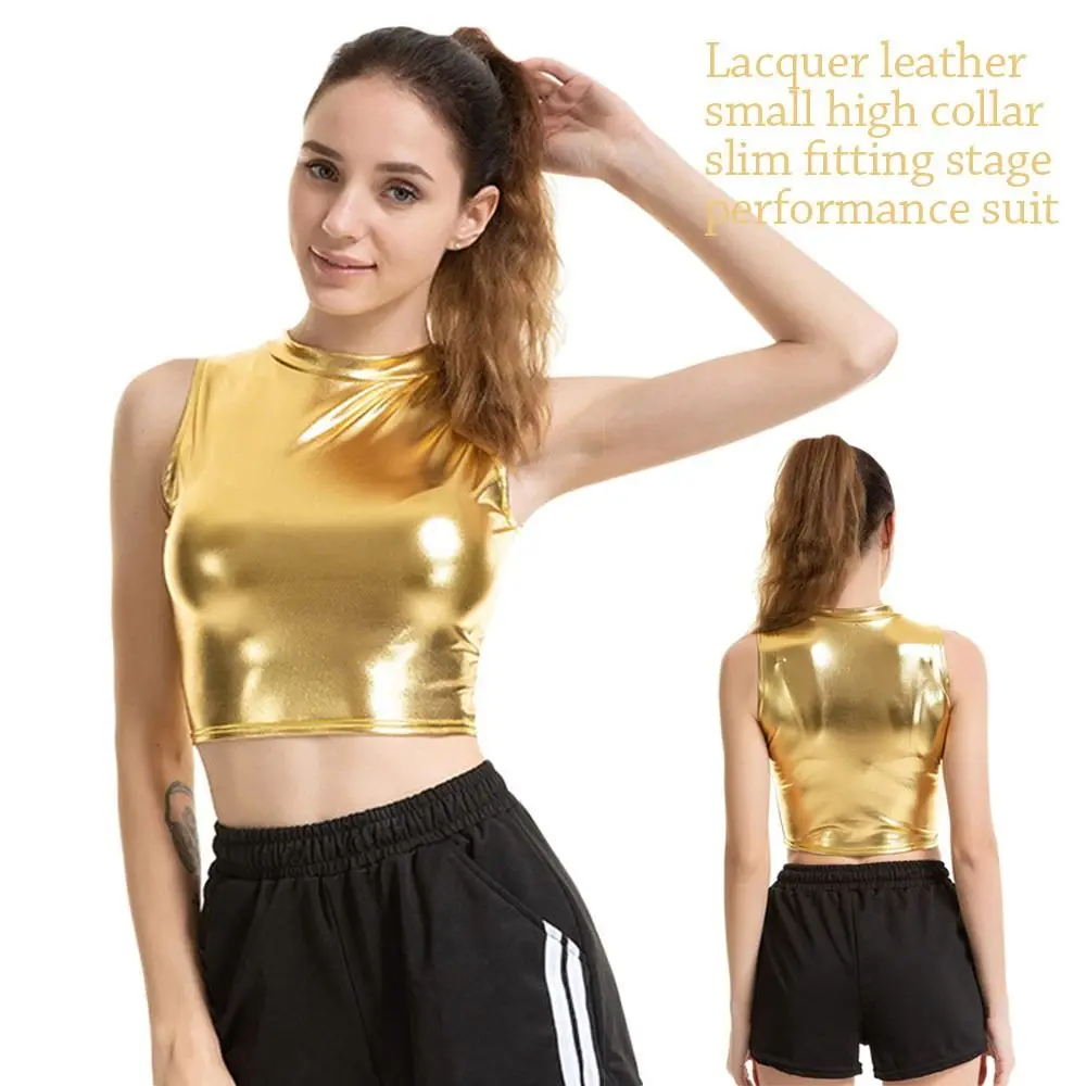 Dazzling Imitation Leather Tank Bralette Tops Lady Short Crop Tops Sleeveless Sexy Women Show Costumes Dance Wear For Nightclub
