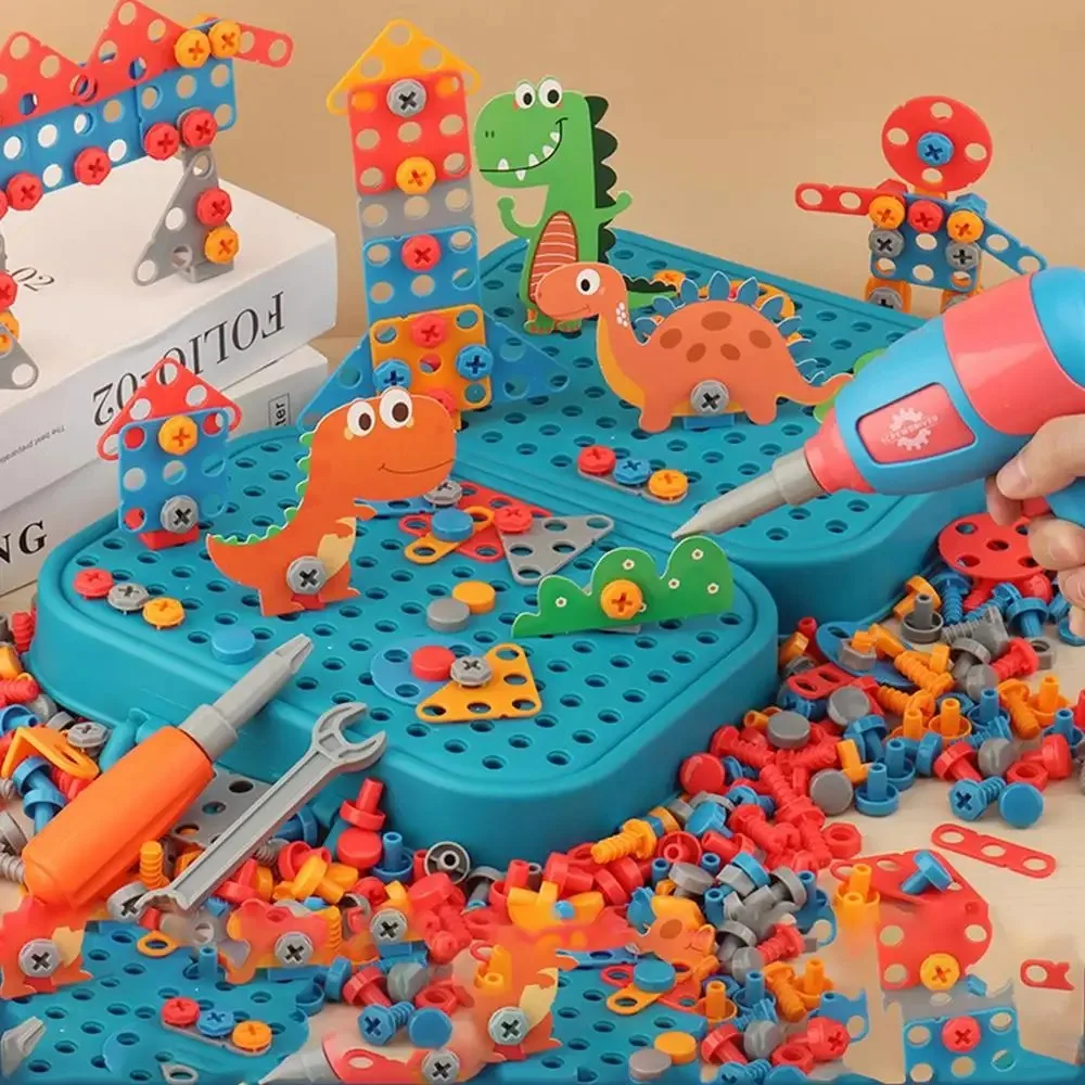 Kreative 220 stücke/211 stücke Kinder Bausteine Kunststoff Pädagogisches Elektrische Bohrer Spielzeug Set Dinosaurier Lkw Schraube Puzzle Kind spielen