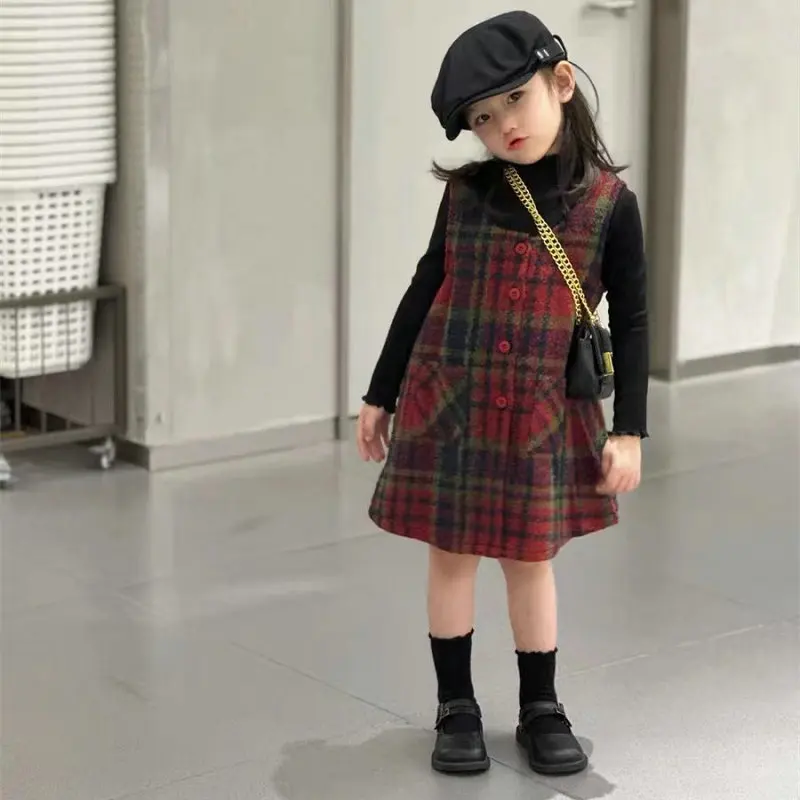 Girls' Suit British Plaid Woolen Vest Skirt Plus Stand-up Collar Bottoming Shirt 2024 Autumn and Winter New Children's Clothing