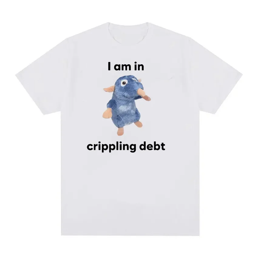 High Quality Casual Fashion T-shirts 100% Cotton Oversized T-Shirt I Am in Crippling Debt Rat Plush Funny Meme T Shirt Men funny