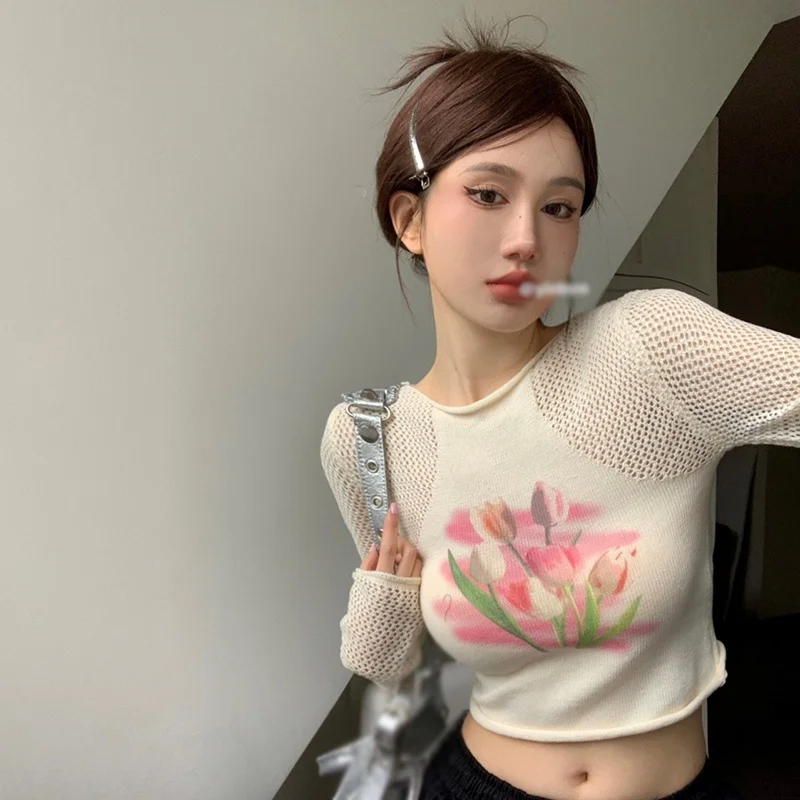 Women's knitwear Breathable Mesh Women's long sleeves Hollow out Navel exposed Tulip pattern High waisted Short style