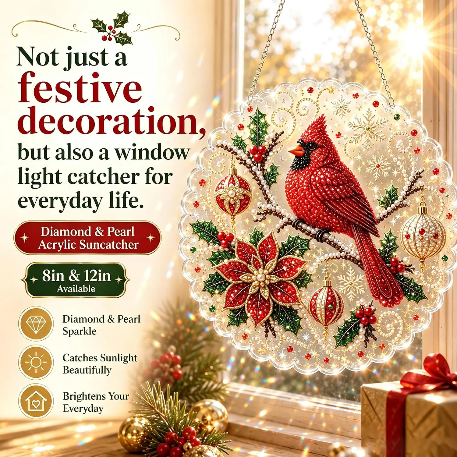 Christmas Pearl Diamond Painting Suncatcher Kit DIY Craft Pre-Assembled Metal Chain Acrylic Round Board with Lace for Wall Decor view 3