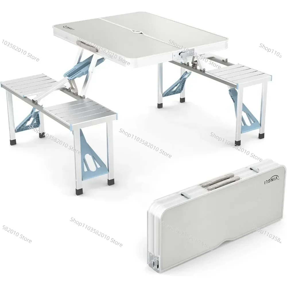 Hot sales Patio Table, 4Ft Folding Picnic Table with Seats/Umbrella, Fold Up Card Suitcase Table Aluminum Alloy Frame, Camping