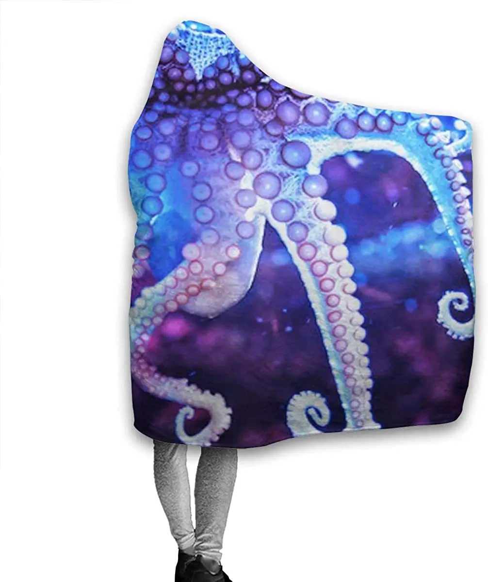Octopus Tentacles Blue and Purple Swirl Sea Animal Wearable Blanket Hooded Blanket Mens Womens Fall Sherpa Fleece Blankets
