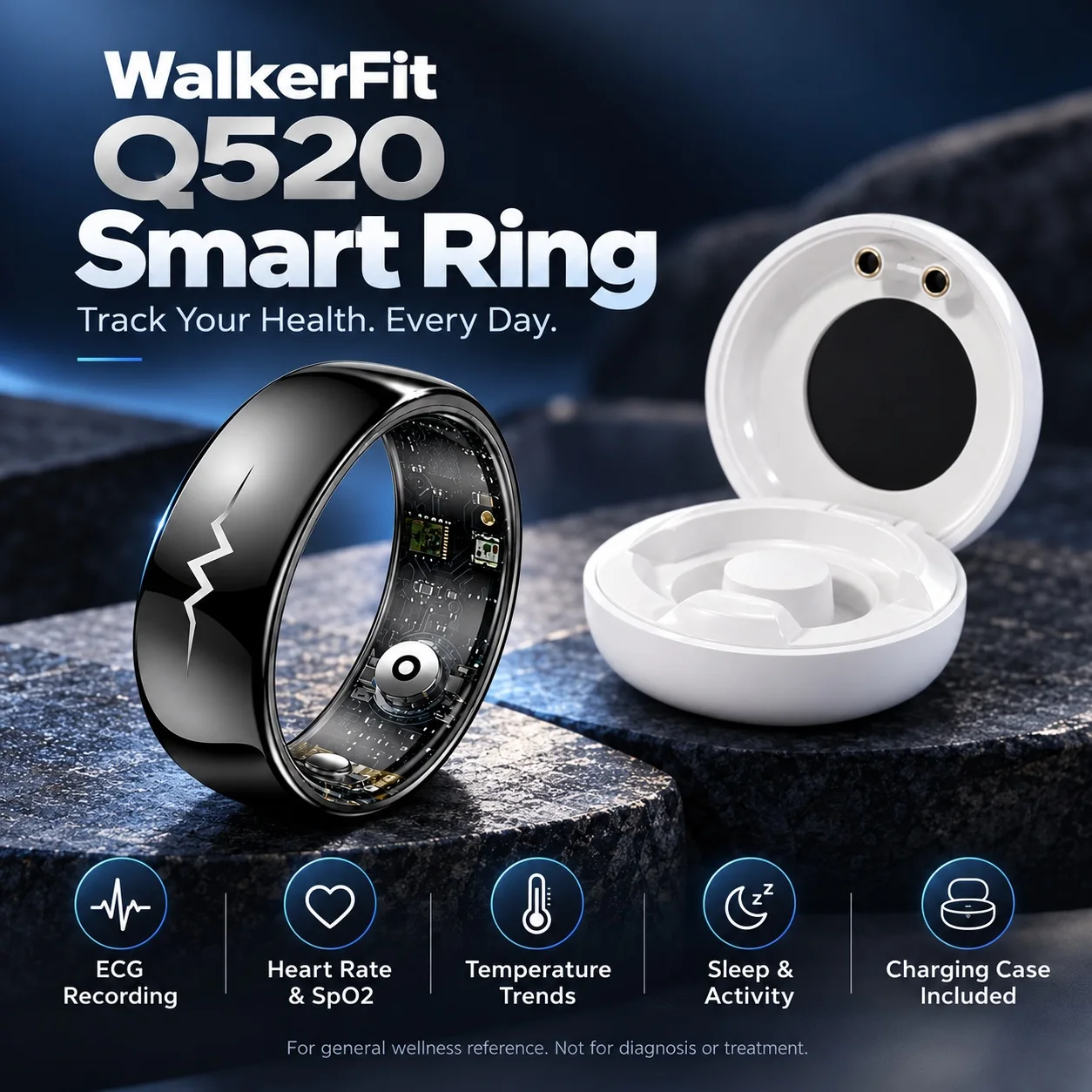 WalkerFit Q520 Fitness Tracker Ring with Charging Case Daily Steps Sleep Tracking Glossy Black for Android iOS