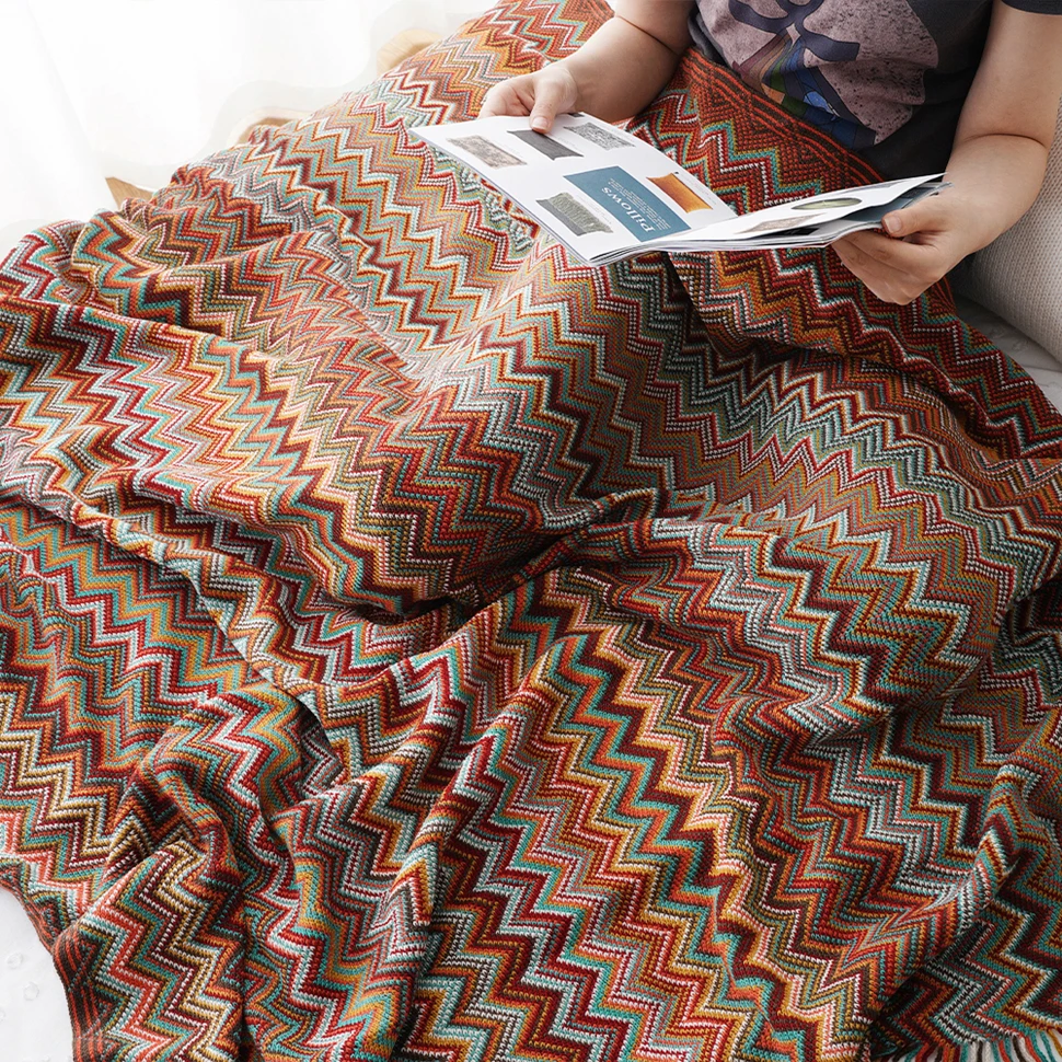 Battilo Boho Throw Blanket Lightweight Knit Throw With Tassels Bohemian Woven Sofa Blankets Soft Bed Plaid Decorative Blanket
