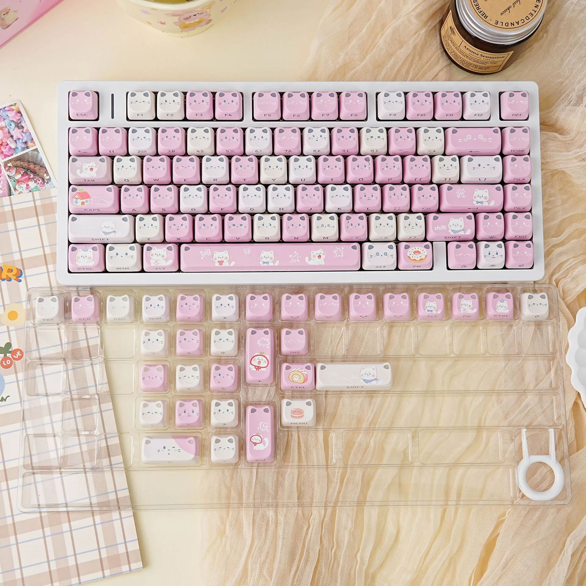 Mechanical Keyboard PBT Side Printed keycap Cute Cat keycaps DYE-SUB Anime Cartoon For Custom Gaming Keyboard Fit Key Caps DIY