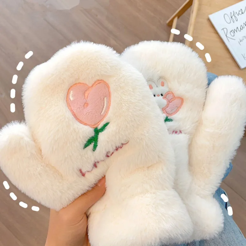 

Girls Tulip Embroidery Plush Gloves Bear Rabbit Print Winter Warm Fingerless Gloves With Ropes Studengs Riding Thicken Mittens