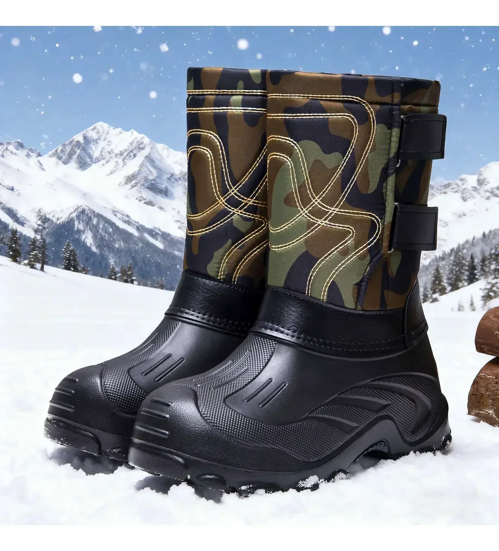 Herren Winter-Schneestiefel mit mittlerer Schaftlänge, Camouflage-Motiv, Klettverschluss-Design, wasserdicht, rutschfeste Gummisohle, warme Outdoor-Stiefel – Detail 6