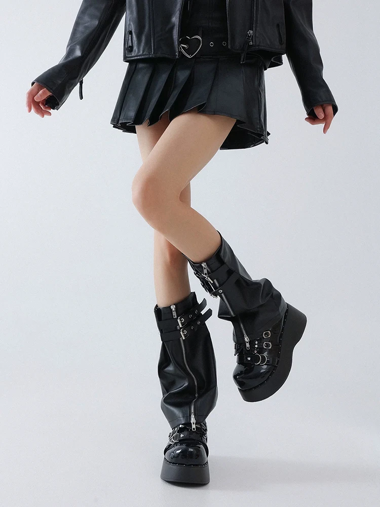 REDDACHiC Irregular Zipper Leg Warmers ICON Punk Retro Leather Black Belted Long Boots Covers Harajuku Grunge Emo Women Clothes view 4