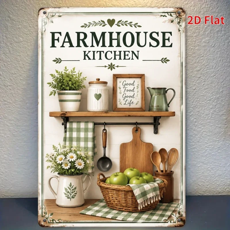 2D Flat - [2Dflat], 1pc 11.81X7.87inch Farmhouse Kitchen Good Food Good Life Tin Sign, Green Gingham Apple Utensil Herb Jar Dais