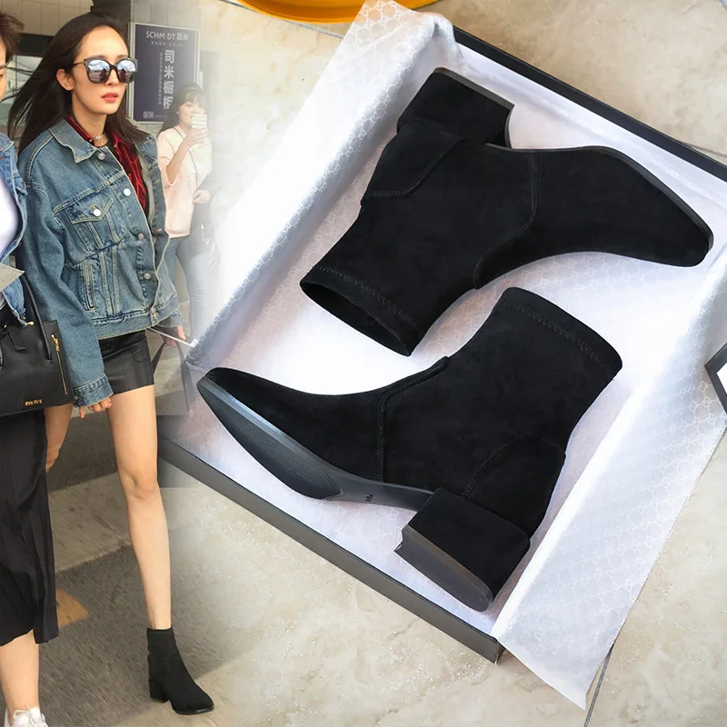 Women Mid Thick Heels Suede Boots Winter New Autumn Chunky Chelsea Shoes Fashion Platform Ankle Sexy Walking Shoes Botas Mujer